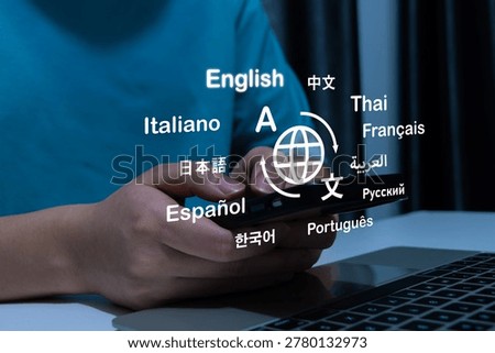 language translation application. people using mobile phone with virtual translation application software, e-learning online service, language education course, global communication technology concept