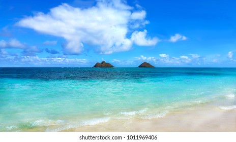 Laniaki Beach In Oahu, Hawaii - Perfect Exotic Holiday / Vacation, Blue Turquoise Sea With Two Little Volcanic Islands In The Background