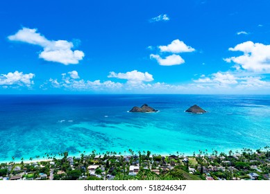 Lanikai Beach as seen from above in Kailua, Oahu, Hawaii