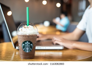 LANPHUN, THAILAND - August 04, 2018: Starbuck Frappuccino Starbucks is the world's largest coffeehouse and is highly popular.