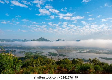 Lanscape riverside of Mae Khong river and mountain views border of Thailand and Laos at Pak Chom District in Loei province, Thailand.