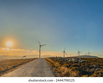 Lansdcape with wind turbines. Renewable energy on the middle of Serra da Arada Arouca Geopark, in center of Portugal