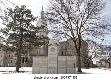 Lansing, Michigan, USA - January 20, 2018: Veteran Memorial On The Front Lawn Of The Capitol Building In Downtown Lansing.
