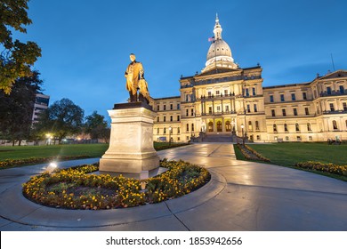 Lansing, Michigan, USA at the Michigan State Capitol during the evening. (Governor Austin Blair statue dedicated in 1898) - Shutterstock ID 1853942656