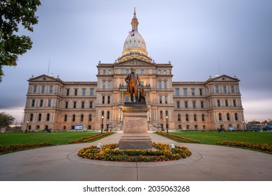 Lansing, Michigan, USA At The Michigan State Capitol During The Evening. (Austin Blair Statue Erected 1895)