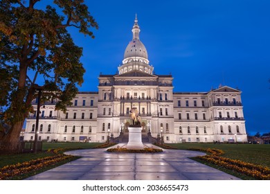 Lansing, Michigan, USA At The Michigan State Capitol During The Evening.  (Austin Blair Statue Erected 1895)