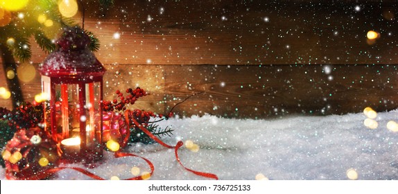 Christmas Lantern On Snow Fir Branch Stock Photo (Edit Now) 1194360874