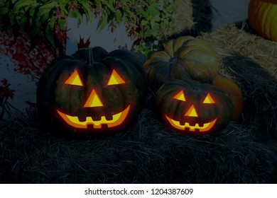 lantern jack pumpkin couple big small awesome smile traditional decoration halloween