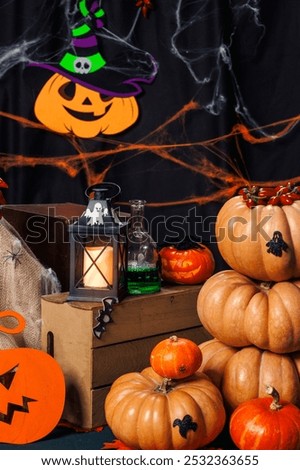 Lantern, pumpkins, ghosts, spiders, bats. Photo zone for Halloween, decorations and props, autumn holiday.