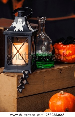 Lantern, pumpkins, ghosts, spiders, bats. Photo zone for Halloween, decorations and props, autumn holiday.