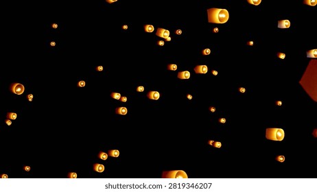Lanterns fill the sky as they float gracefully in the air. Many paper lanterns are released into the night sky to commemorate a certain day.