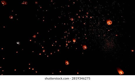 Lanterns fill the sky as they float gracefully in the air. Many paper lanterns are released into the night sky to commemorate a certain day.