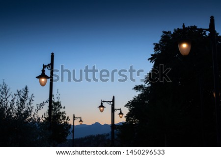 Lanterns are lit at dusk. lamp posts in the park against a bright gradient sky. Dark saturated colors at sunset. Silhouettes of trees in the park.