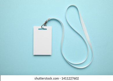 Lanyard Badge Card, Tag Id, Identification Card Mockup On Blue Background.