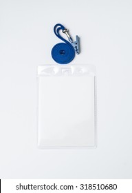 Lanyard And Badge. Conference Badge. Blank Badge Template In Plastic Holder With Blue Strap.