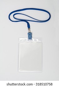 Lanyard And Badge. Conference Badge. Blank Badge Template In Plastic Holder With Blue Strap.