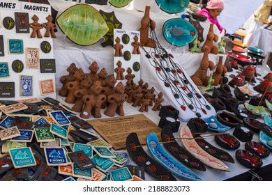 Lanzarote, Canary Islands, Spain, July 2, 2022: A Stall With Spanish Canarian Souvenirs At The Sunday , Canary Islands, Spain.