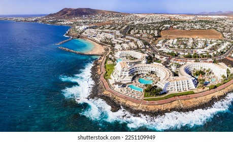 Lanzarote island, Playa Blanca resort. aerial drone panoramic view. Canary islands of Spain - Shutterstock ID 2251109949