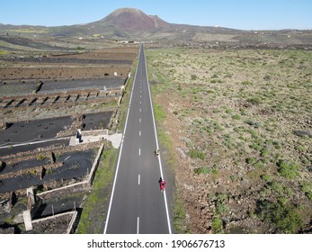 Lanzarote Island, Spain - 16 January 2021: People Pedaling On His Racing Bike In Lanzarote Island, Spain