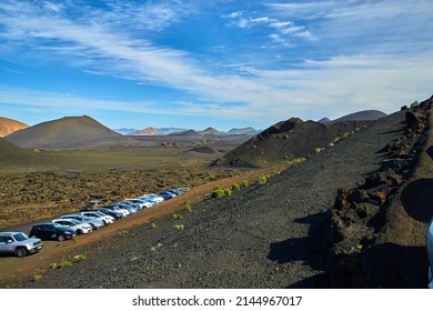 Lanzarote, Spain - December 3 2016: Timanfaya National Park Parking Along The Volcanic Mountain Range