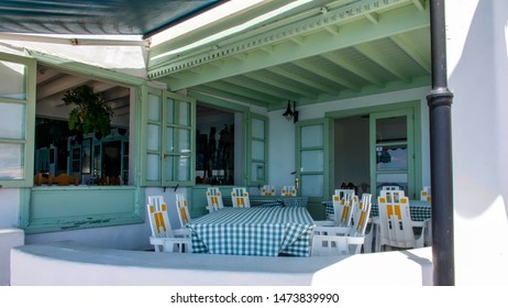 Lanzarote, Spain; July11th 2019: Lovely Scene Of Tables And Chairs At A Restaurant And Bar In Playa Blanca.