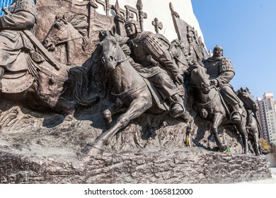 LANZHOU, CHINA - DECEMBER 2, 2017: Sculpture Of The Ancient Horse Warriors In The Chengguan District Of Lanzhou City, China 2017.