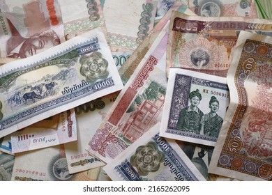 Laos Kip Banknotes Background. Money Background. Laos Currency, Kip. Pattern Texture And Background Of Laos Kip Money, Currency Banknotes Ready For Exchange And Business Investment.