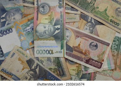 Laos Kip Banknotes Close-up. Money Background. Laos Currency - Kip. Pattern Texture And Background Of Laos Kip Money, Currency Banknotes Ready For Exchange And Business Investment.