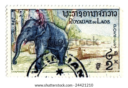 Laos Postage Stamp Man riding Elephant isolated on white