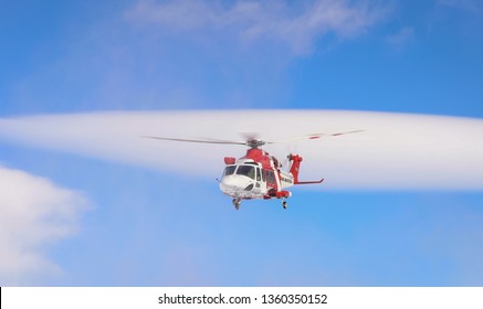 LAPLAND - SWEDEN, March 22, 2019: Search And Rescue Helicopter In National Park Sarek On A Mission To Find A Missing Person.