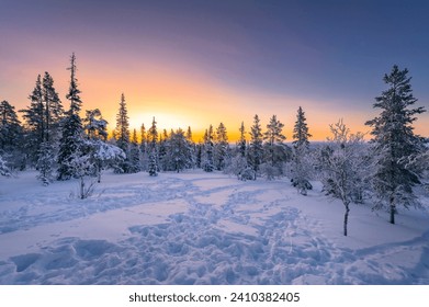 Lapland in winter with large amount of snow during sunrise - Powered by Shutterstock