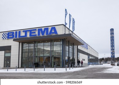 LAPPEENRANTA, FINLAND - CIRCA FEB, 2016: Entrance Of Building Of The Biltema Company Is In City. Biltema Is A Swedish Chain Of Retail Stores, Specialising In Tools, Car Supplies And Leisure Products