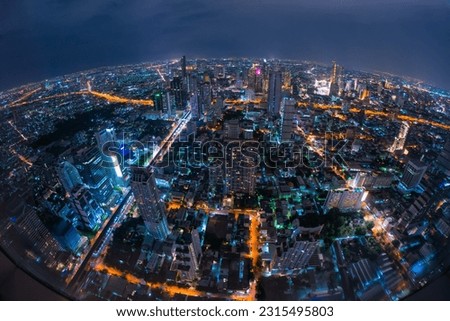 lapse aerial view of Bangkok city overlook house, river, boat, temple and high rise building, road, Tourist destination in Thailand