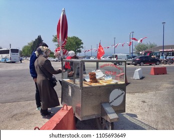 LAPSEKI, TURKEY - APRIL 30, 2018: Simit Seller On Lapseki Pier