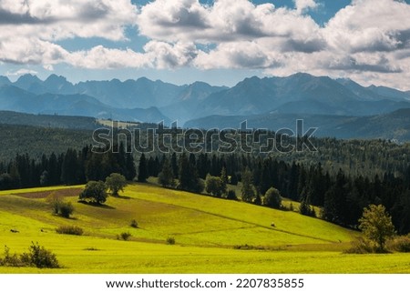 Similar – Image, Stock Photo Inspiring evening light in spring. Sunset in Mountains