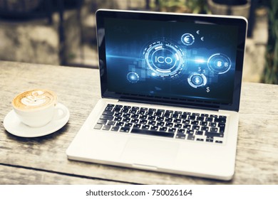 Laptop With Abstract ICO Interface On Screen. Bitcoin Concept 