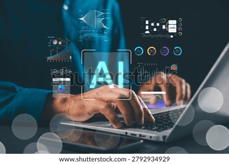 Laptop ai data visualization, intelligence development, neural machine learning, data processing shown while developer types on keyboard, interacting with virtual holographic interfaces.