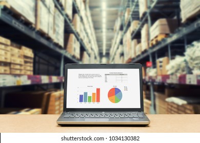 Laptop with analysis sale screen on table with blur warehouse cargo in factory. Smart factory concept.
 - Powered by Shutterstock