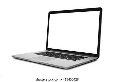 Laptop in angled position with blank screen isolated on white background - mockup template