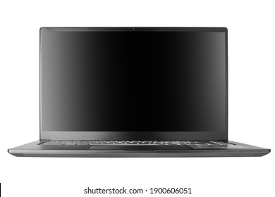 Laptop with blank black screen on white background isolated close up front view, modern slim computer design, open empty display, pc mockup, studio shot, copy space
