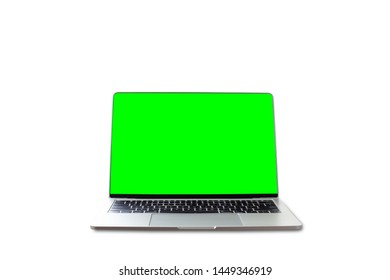 Laptop With Blank Green Screen On Isolated White Background.