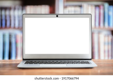 Laptop with blank screen copy space in office or library ready for content or mock up