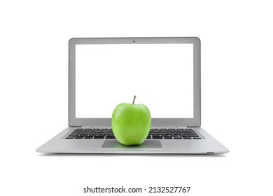 Laptop With Blank Screen And Green Apple Isolated On White Background