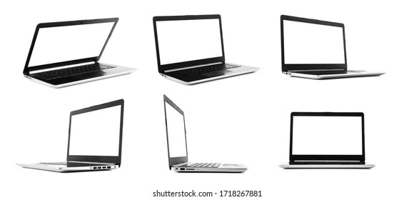 Laptop With Blank Screen Isolated On White Background - Mockup Template, All Laptop In Focus
