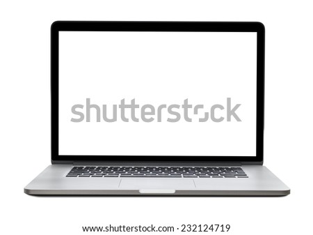 Laptop with blank screen isolated on white background, white aluminium body.
