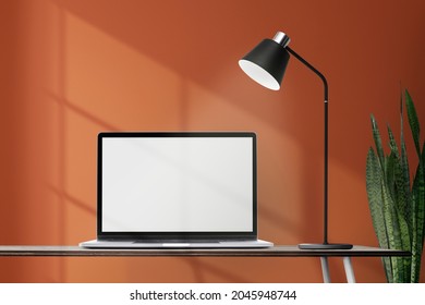 Laptop With Blank Screen On A Desk Retro Home Office Zone Design