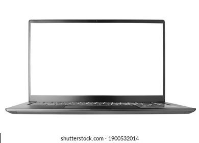 Laptop with blank screen on white background isolated close up front view, modern slim computer design, open empty display, pc mockup, studio shot, copy space