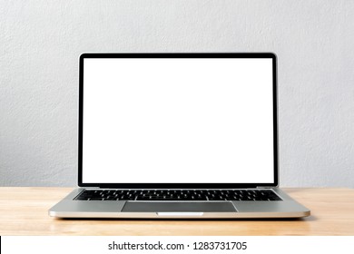 Laptop blank screen on wood table, mockup, template for your text