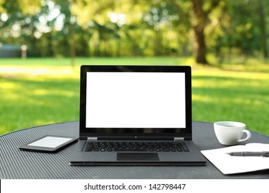 Laptop With Blank Screen Outdoors