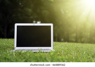 Laptop With Blank Screen And Typing Outside On Nature Background